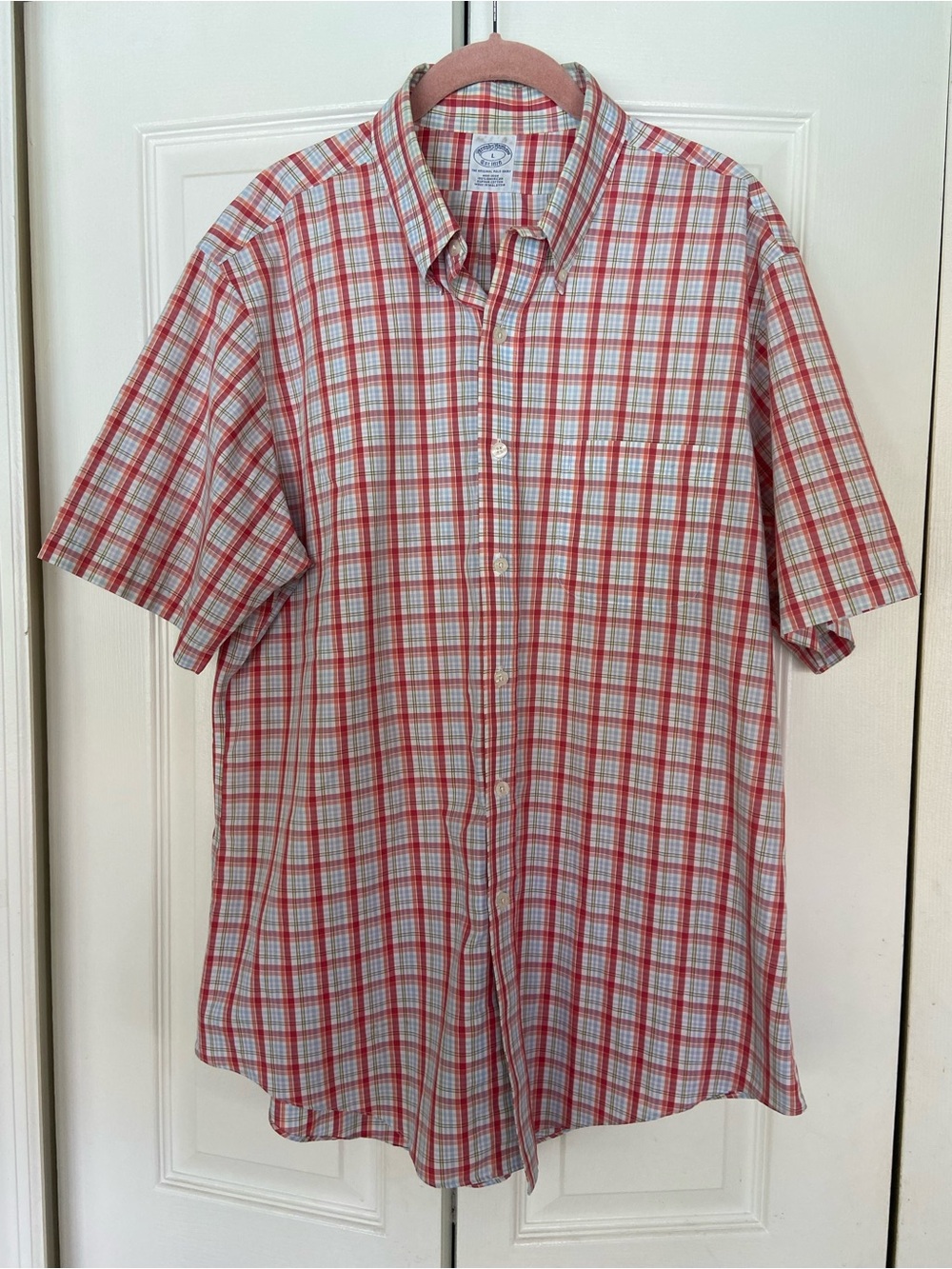 Brooks Brothers Red and White Plaid Short-Sleeve Button-Down Shirt